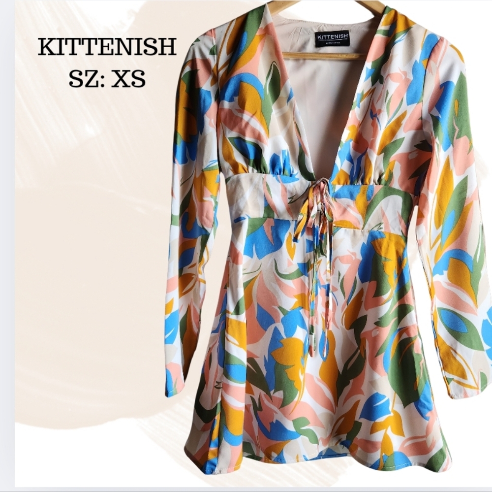 KITTENISH‎ Stand Out Printed Mini Dress XS | Boho Floral Plunge Tie Front